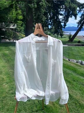 Cleo White Sheer Button-Up Blouse XL | Lightweight Chiffon Shirt